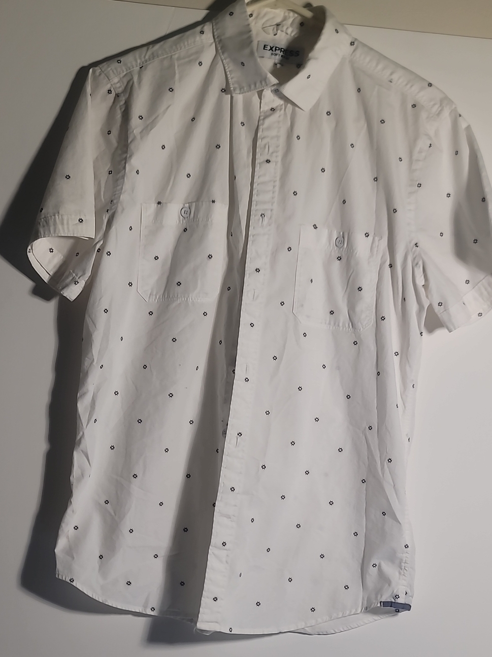 Express White Short-Sleeve Button-Down Shirt with Black Micro Dot Pattern